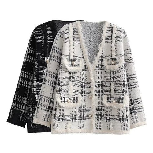 Damen modische Langenjacke mit Karomuster und eleganten Knopfdetails EB