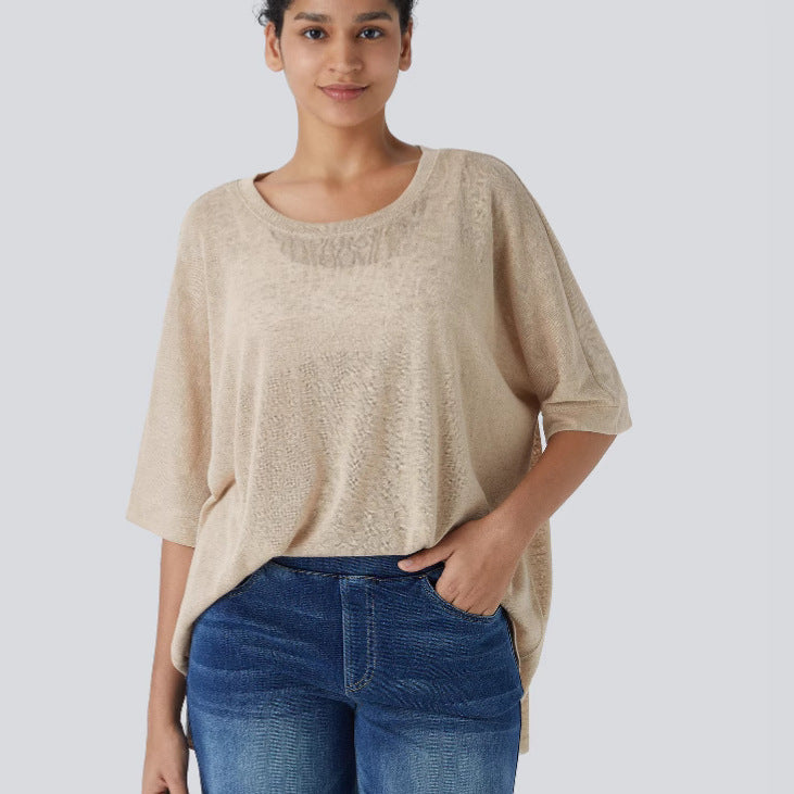 Damen lässiges Oversized T-Shirt mit seitlichen Schlitzen und umgeschlagenen Ärmeln EB