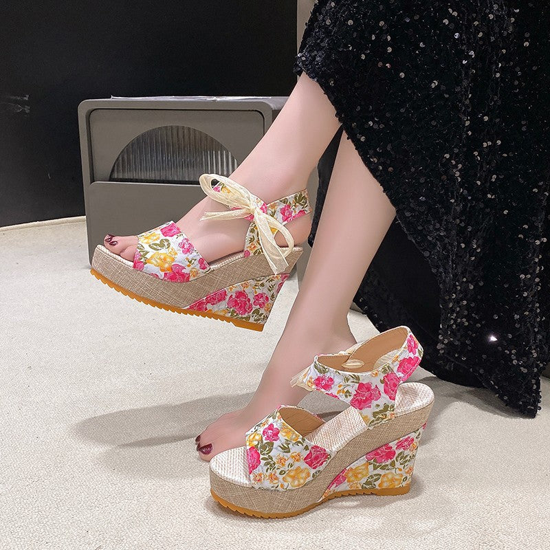 Damen Wedge-Sandalen mit floralem Druck und transparenter Schleifenverzierung EB