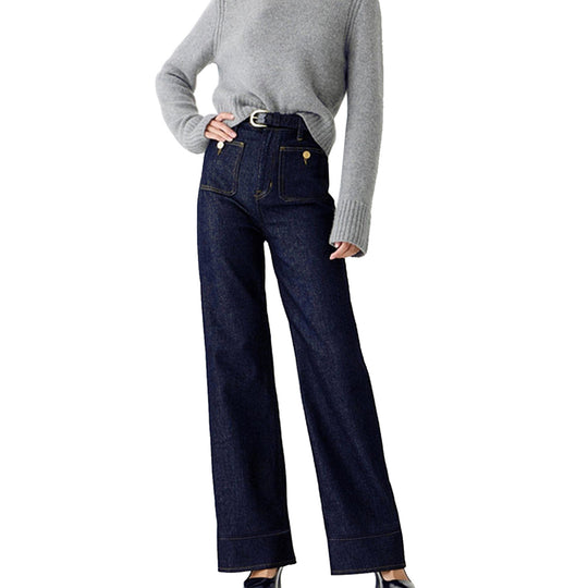 Damen nan High-Waist Wide-Leg-Jeans mit aufgesetzten Fronttaschen und weitem Bein EB