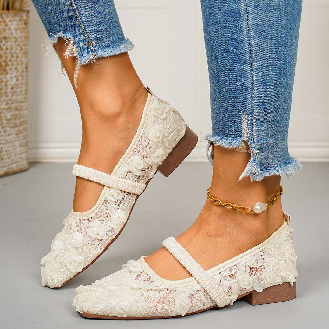 Damen Ballerinas mit zarter Spitzenapplikation und romantischen Blumenmotiven EB