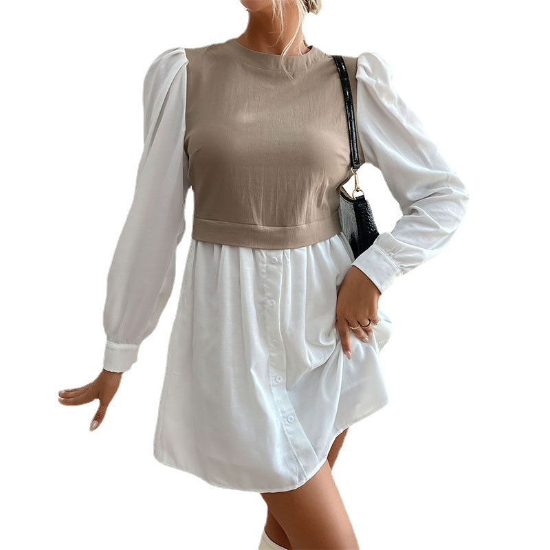 Damen modisches Hemdkleid mit eleganten Puffärmeln und knöpfbarem Vorderteil EB