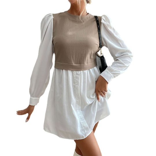 Damen modisches Hemdkleid mit eleganten Puffärmeln und knöpfbarem Vorderteil EB