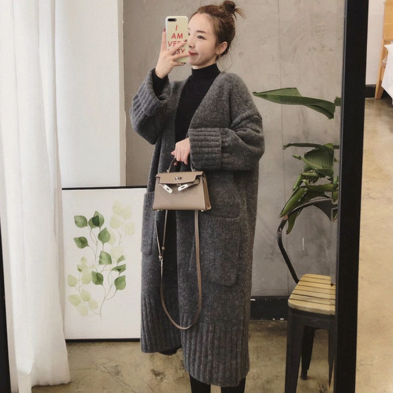 Damen Oversized Strickmantel mit praktischen Taschen und tiefem V-Ausschnitt EB