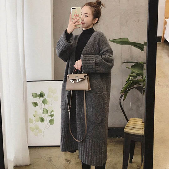 Damen Oversized Strickmantel mit praktischen Taschen und tiefem V-Ausschnitt EB