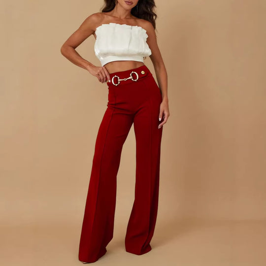 Damen weite Hochtaillenhose mit dekorativem Gürtel und eleganter Nahtführung EB