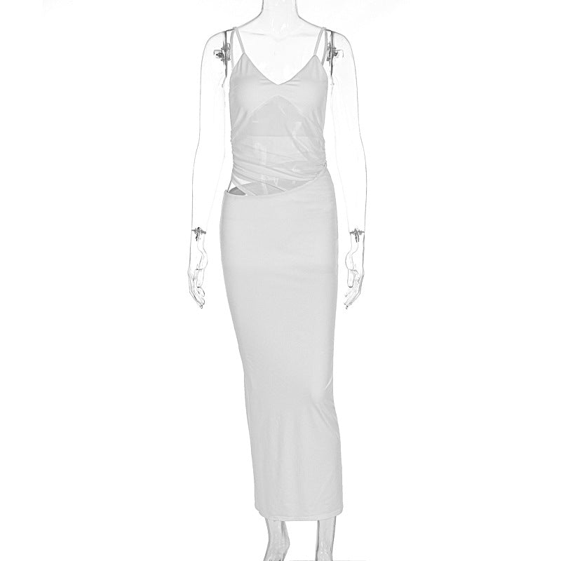 Damen elegantes bodenlanges Wickelkleid mit feinen Trägern und figurformendem Design EB