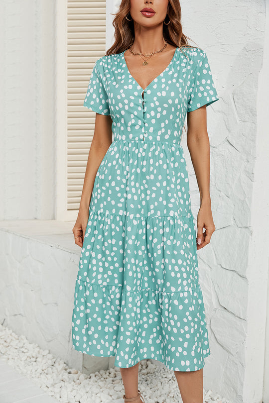 Damen Midi-Kleid mit knopflosem V-Ausschnitt und voluminösem Rock EB