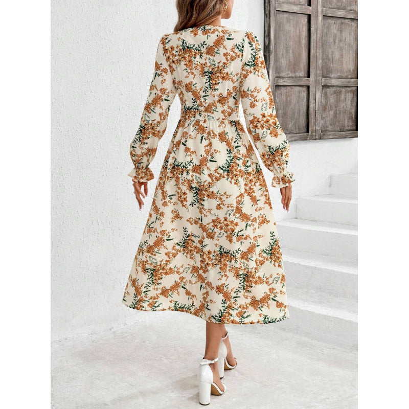 Damen Maxi-Kleid mit floralen Mustern und langem Arm EB