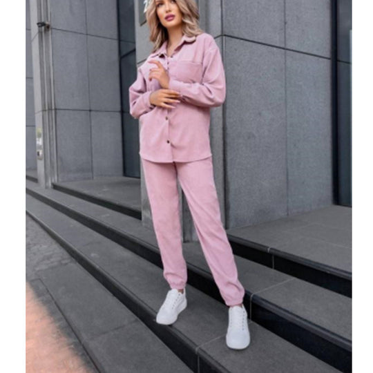 Damen bequeme Lounge-Set mit Knopfleiste und elastischen Bündchen EB