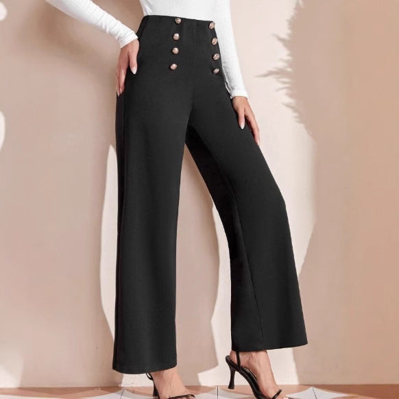 Damen Hochwaisted Weite Hose mit dekorativen Knöpfen EB