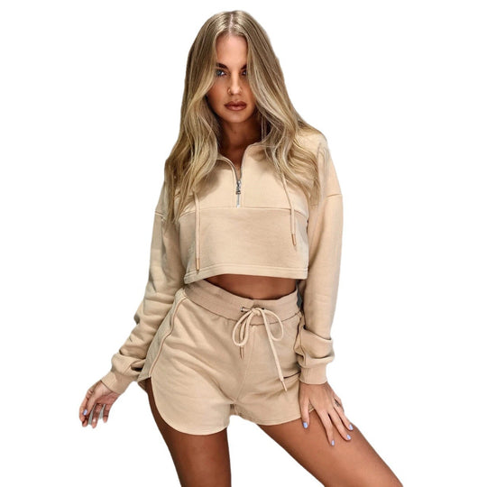 Damen nan kurz geschnittenes Kapuzenpullover-Set mit bauchfreiem Schnitt und elastischen Sweatshorts EB