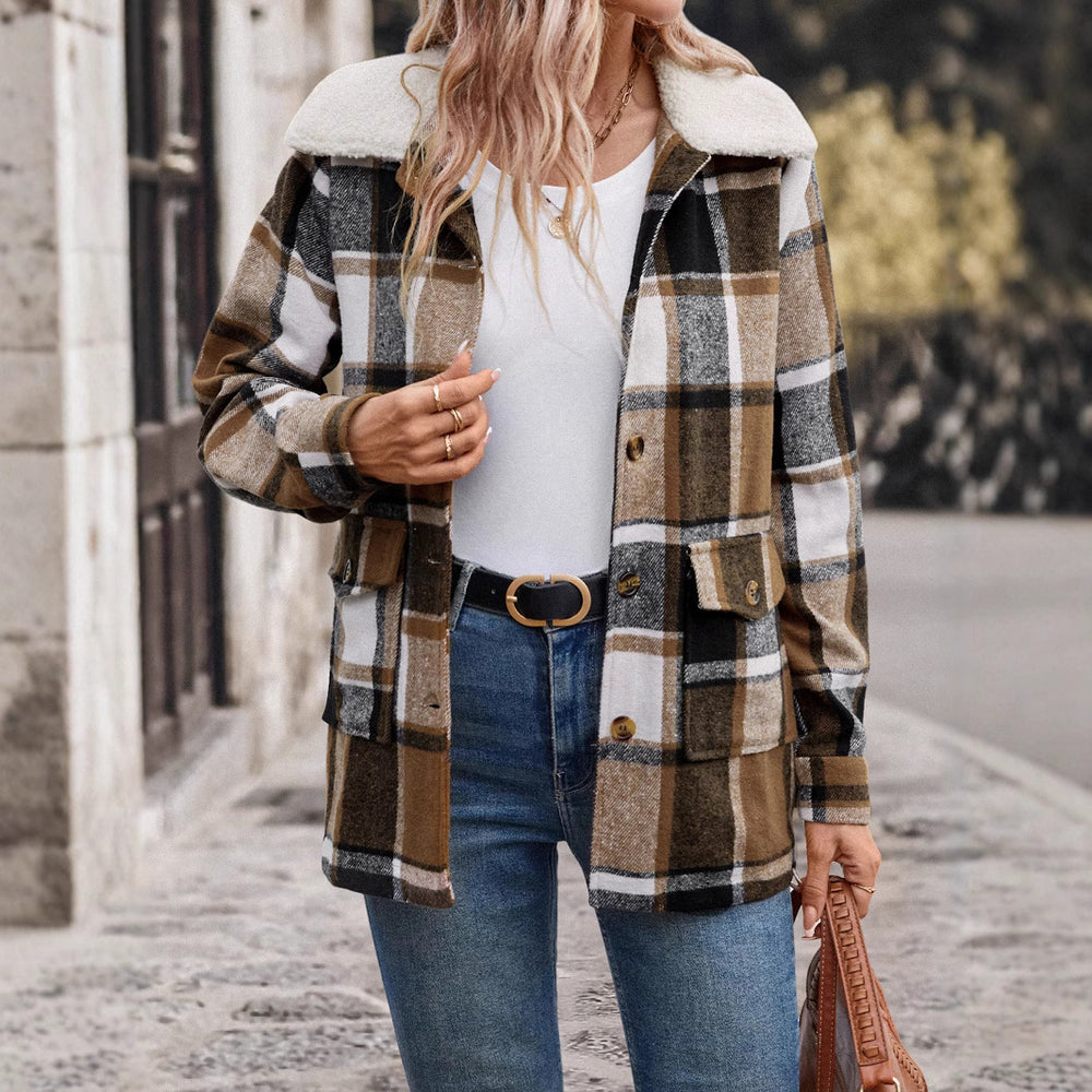 Damen lässige Karojacke mit weichem Innenfutter und praktischen Taschen EB