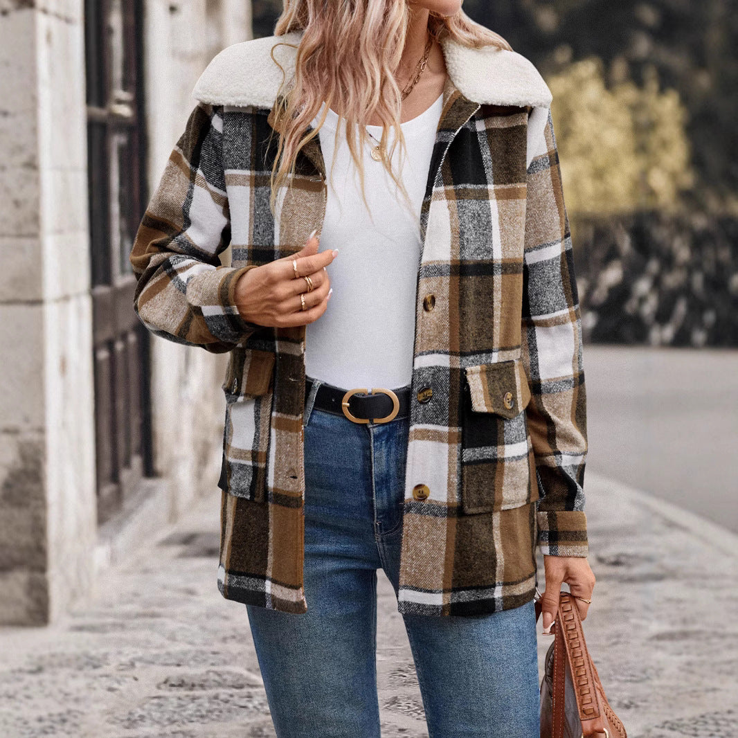 Damen lässige Karojacke mit weichem Innenfutter und praktischen Taschen EB