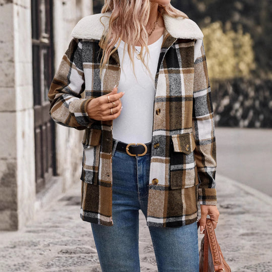 Damen lässige Karojacke mit weichem Innenfutter und praktischen Taschen EB