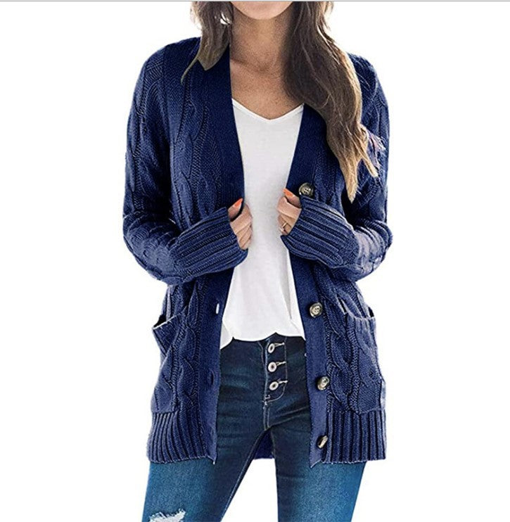 Damen Strickjacke mit Kabelmustern und großen Knöpfen EB
