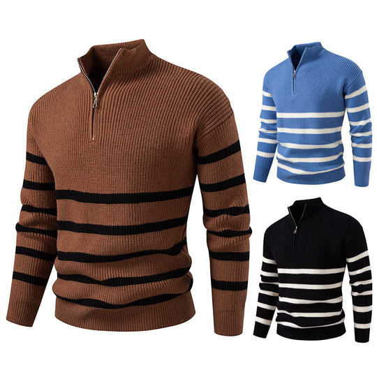 Herren Strickpullover mit halbem Reißverschluss und modernem Streifen-Design EB