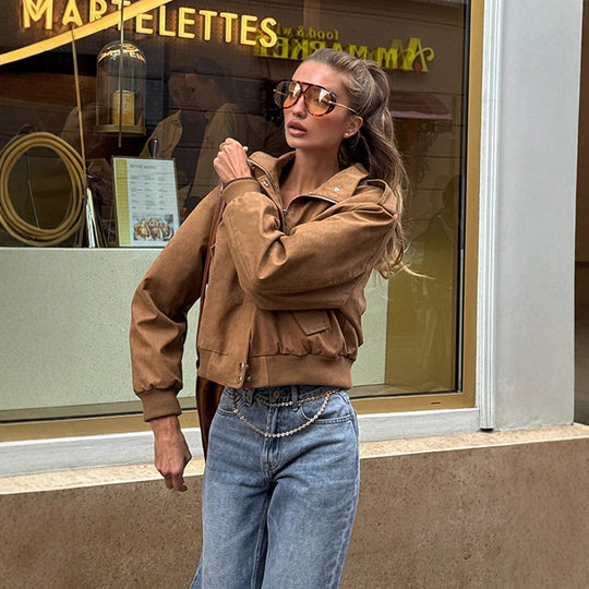 Damen lässige Kurzjacke mit voluminösen Ärmeln und Reißverschluss EB