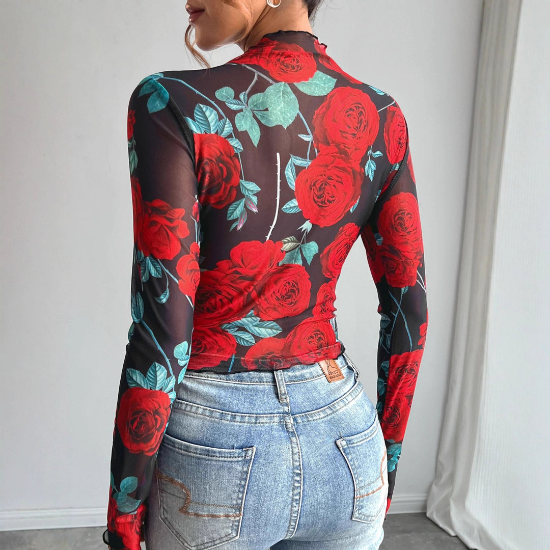 Damen Transparente Bluse mit floralem Muster und hohem Kragen EB