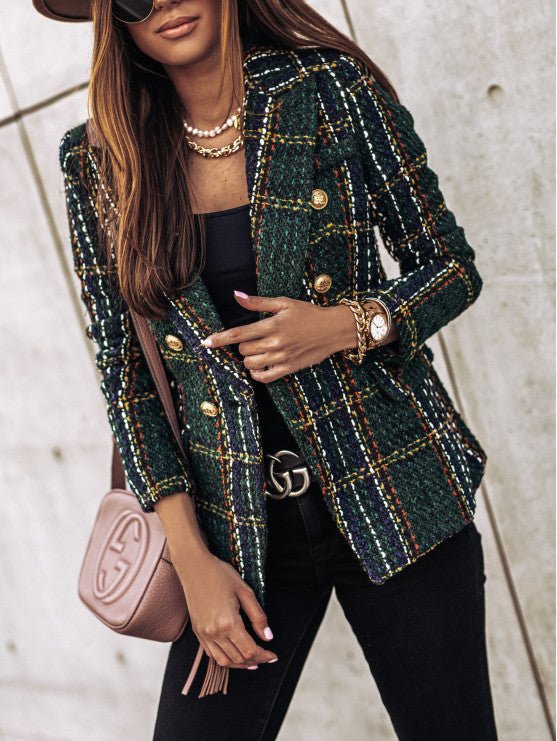 Damen Bouclé-Tweed-Blazer mit Karomuster und doppelreihiger Knopfleiste EB
