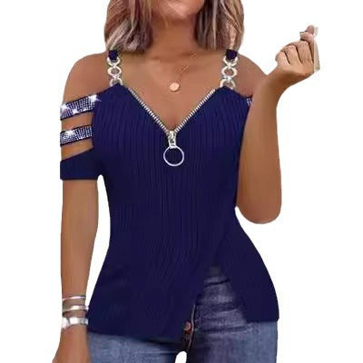 Damen Trendy Off-Shoulder Top mit Reißverschluss und Designer-Riemen EB