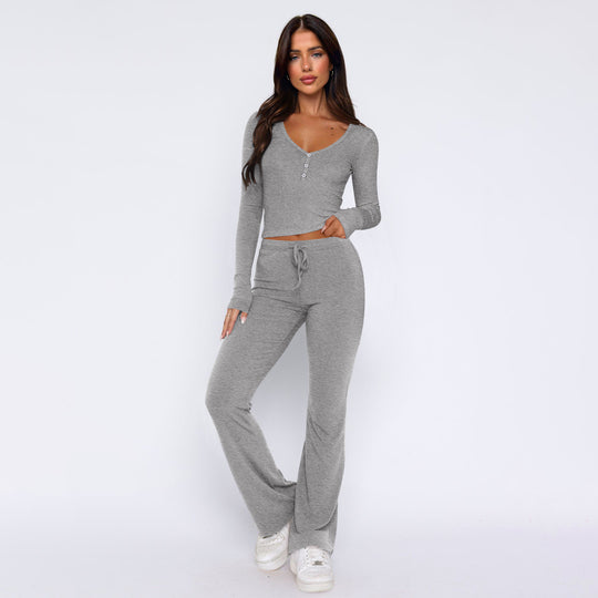 Damen bequemes Oberteil mit Knopfleiste und lockerer Hose EB