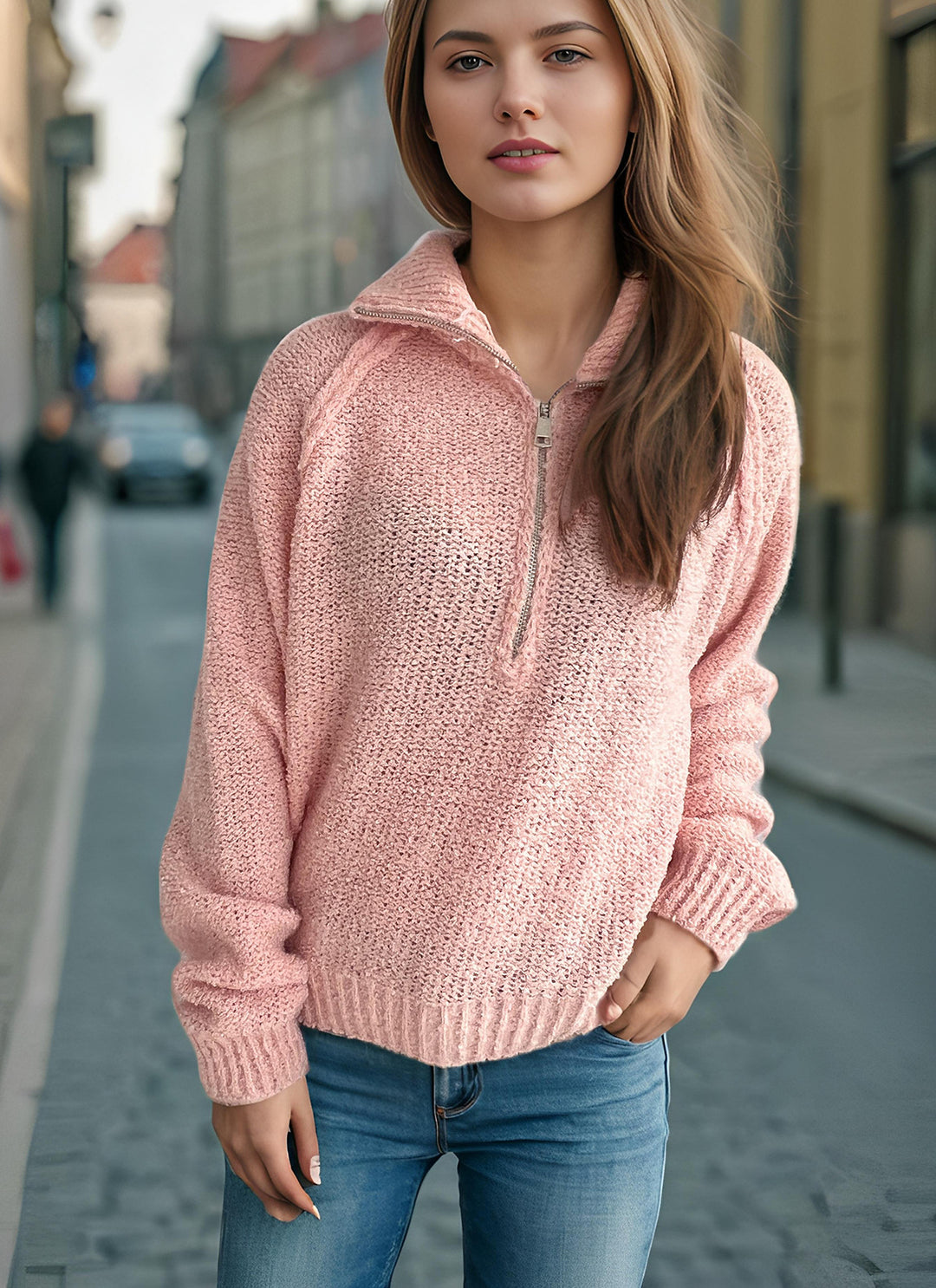 Damen lässiger Zip-Pullover mit oversized Schnitt und hohem Kragen EB