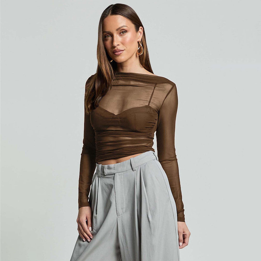 Damen Elegantes Langarmoberteil mit transparentem Mesh und Raffung EB