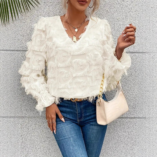 Damen luxuriöse Rüschenbluse mit V-Ausschnitt und feinen Details EB