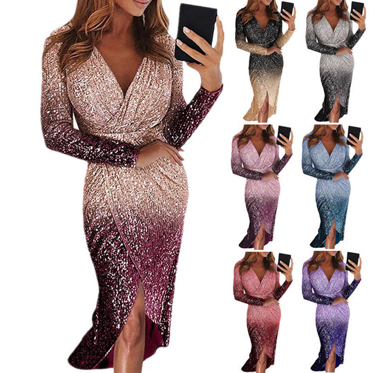 Damen Elegantes Wickelkleid mit schimmerndem Pailletten-Design und langen Ärmeln EB