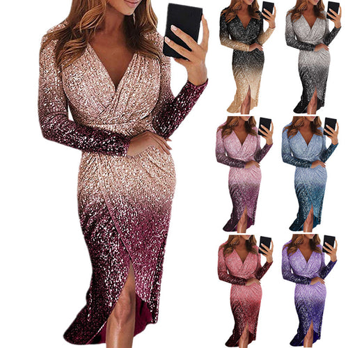 Damen Elegantes Wickelkleid mit schimmerndem Pailletten-Design und langen Ärmeln EB