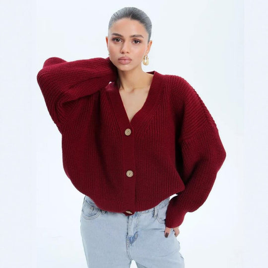 Damen lässiger Strickjacke mit voluminösen Ärmeln und modernen Knopfdetails EB