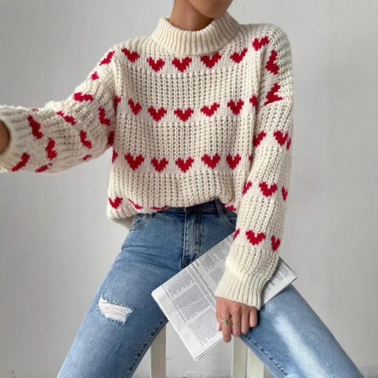 Damen Grobstrickpullover mit Herzmuster und Rollkragen EB