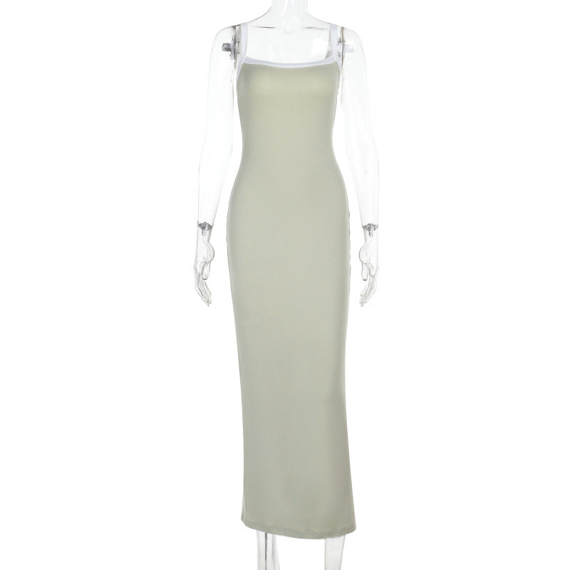 Damen elegantes Maxikleid mit schmalen Spaghettiträgern und figurbetontem Schnitt EB