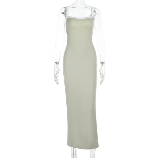 Damen elegantes Maxikleid mit schmalen Spaghettiträgern und figurbetontem Schnitt EB