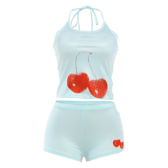 Damen Baumwoll-Crop-Top mit Cherrydruck und Shorts EB