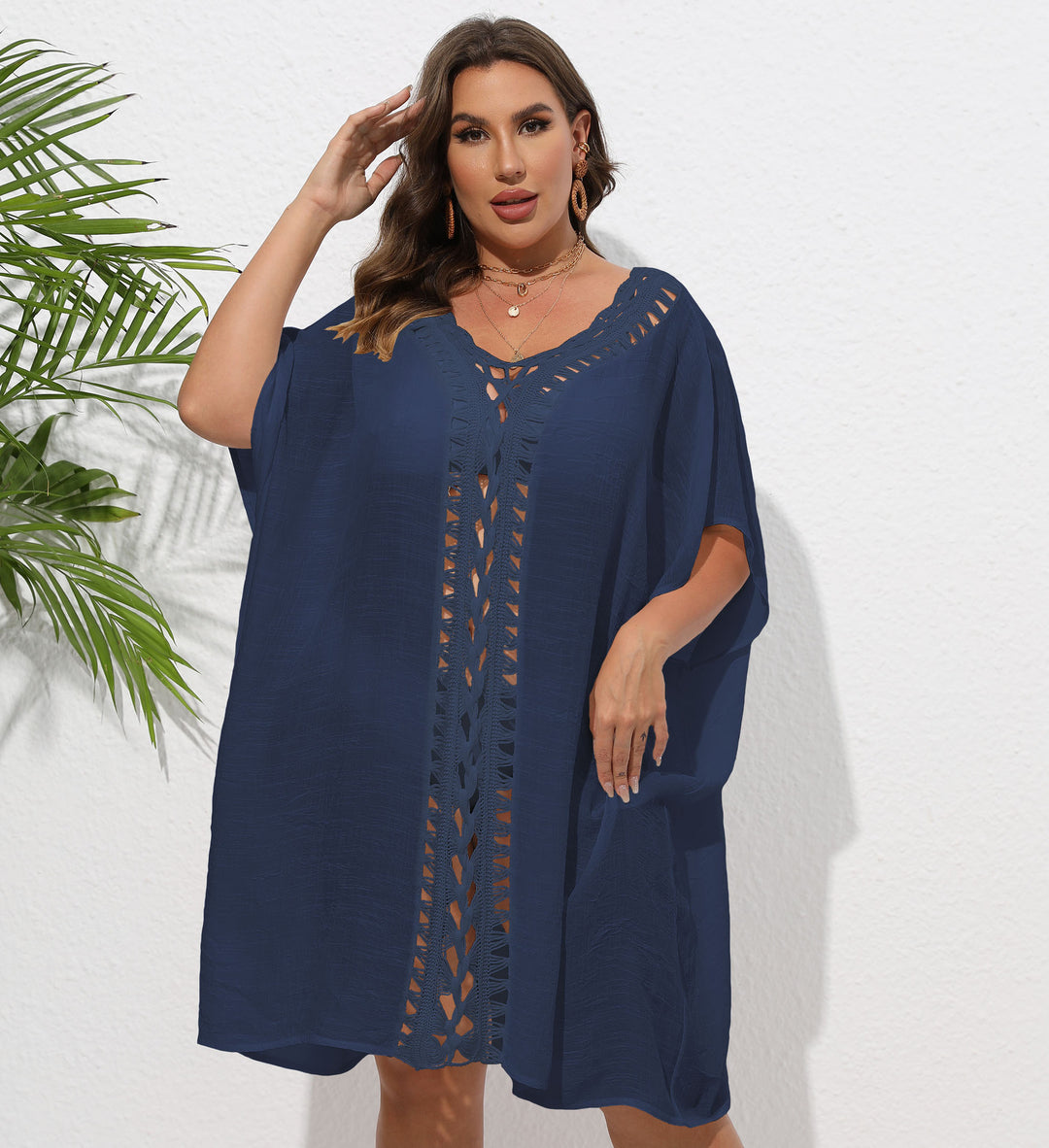 Damen Luftiger Strandkimono mit dekorativer Häkelspitze EB