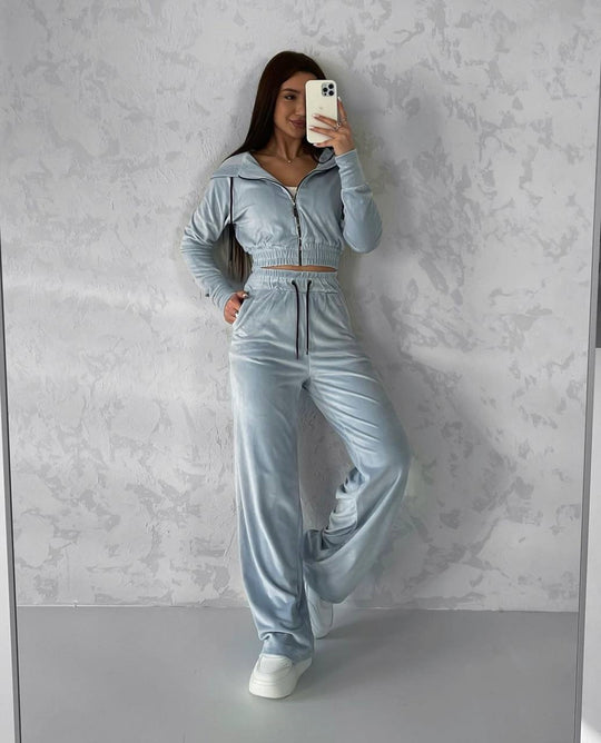Damen Samt-Loungewear-Set mit Cropped Zip-Kapuzenjacke und weiter Palazzohose EB
