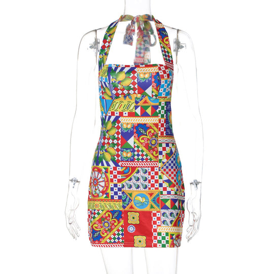 Damen Buntes Kochkleid mit Halterneck und verspielten Mustern EB