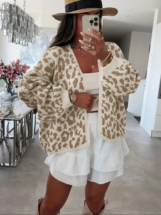 Damen lässiger Strickcardigan mit elegantem Leopardenmuster EB