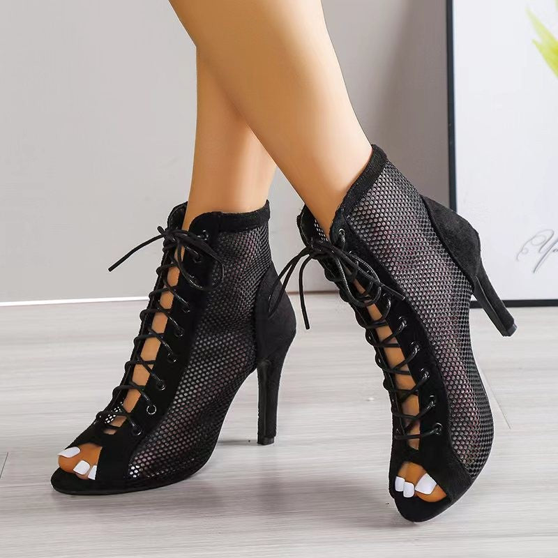 Damen Offene Schnürstiefeletten mit Netzdetails und eleganter Absatzhöhe EB