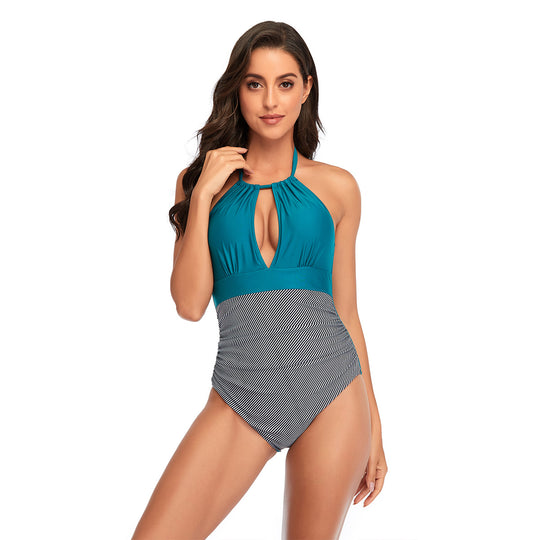 Damen Eleganter Einteiler Badeanzug mit tiefem V-Ausschnitt und geschmeidigem Stoff EB