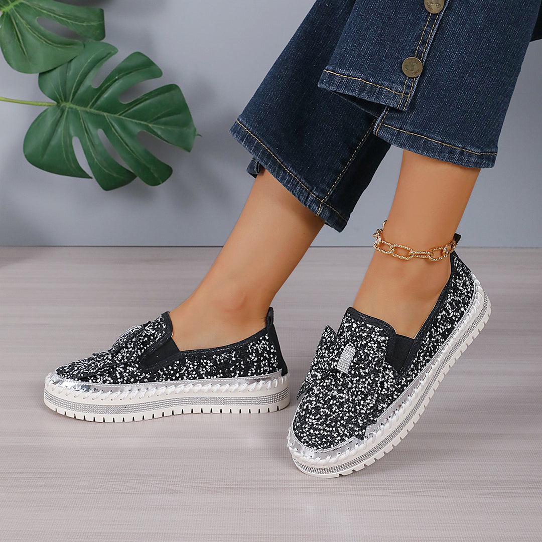 Damen modische Slip-On Sneakers mit glitzerndem Design und auffälliger Schleifenapplikation EB