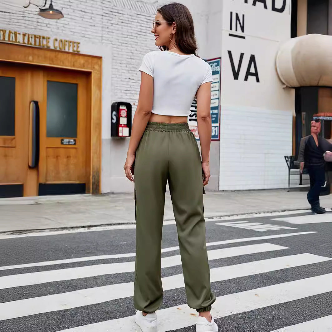 Damen Bequeme Cargo-Hose mit elastischem Bund und seitlichen Taschen EB