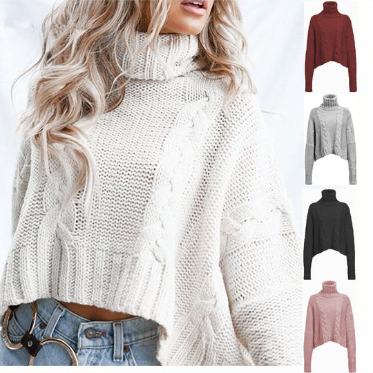 Damen Grobstrickpullover mit hohem Kragen und einzigartigem Zopfdesign EB