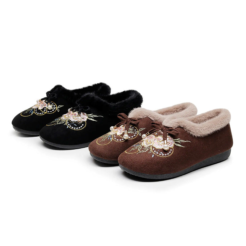 Damen Kuschelige Hausschuhe mit floralen Applikationen und weichem Kunstfell EB