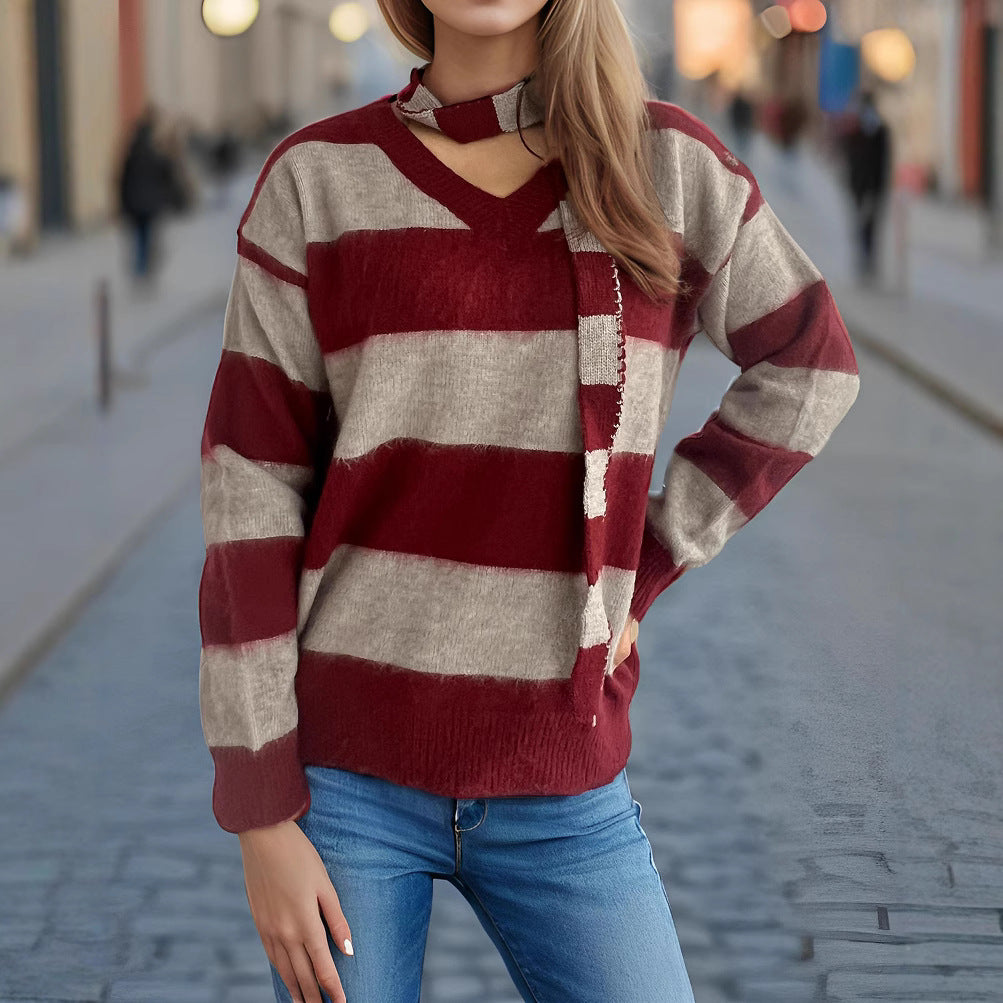 Damen lässiger Strickpullover mit modernem Streifenmuster und dekorativem Schal EB