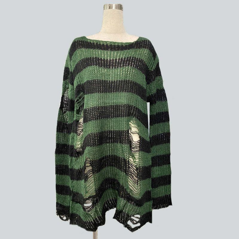 Damen nan Oversized Grobstrickpullover mit breiten Blockstreifen und aufgerissenem Design EB
