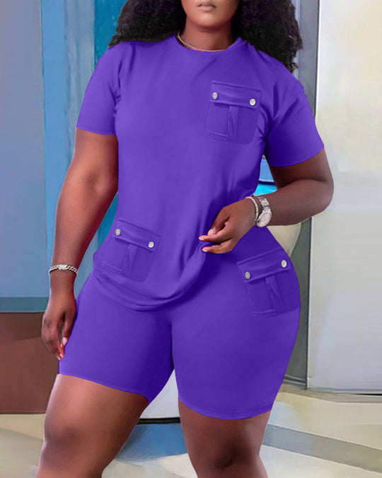 Damen Sportliches Oberteil und Shorts Set mit praktischen Taschen EB