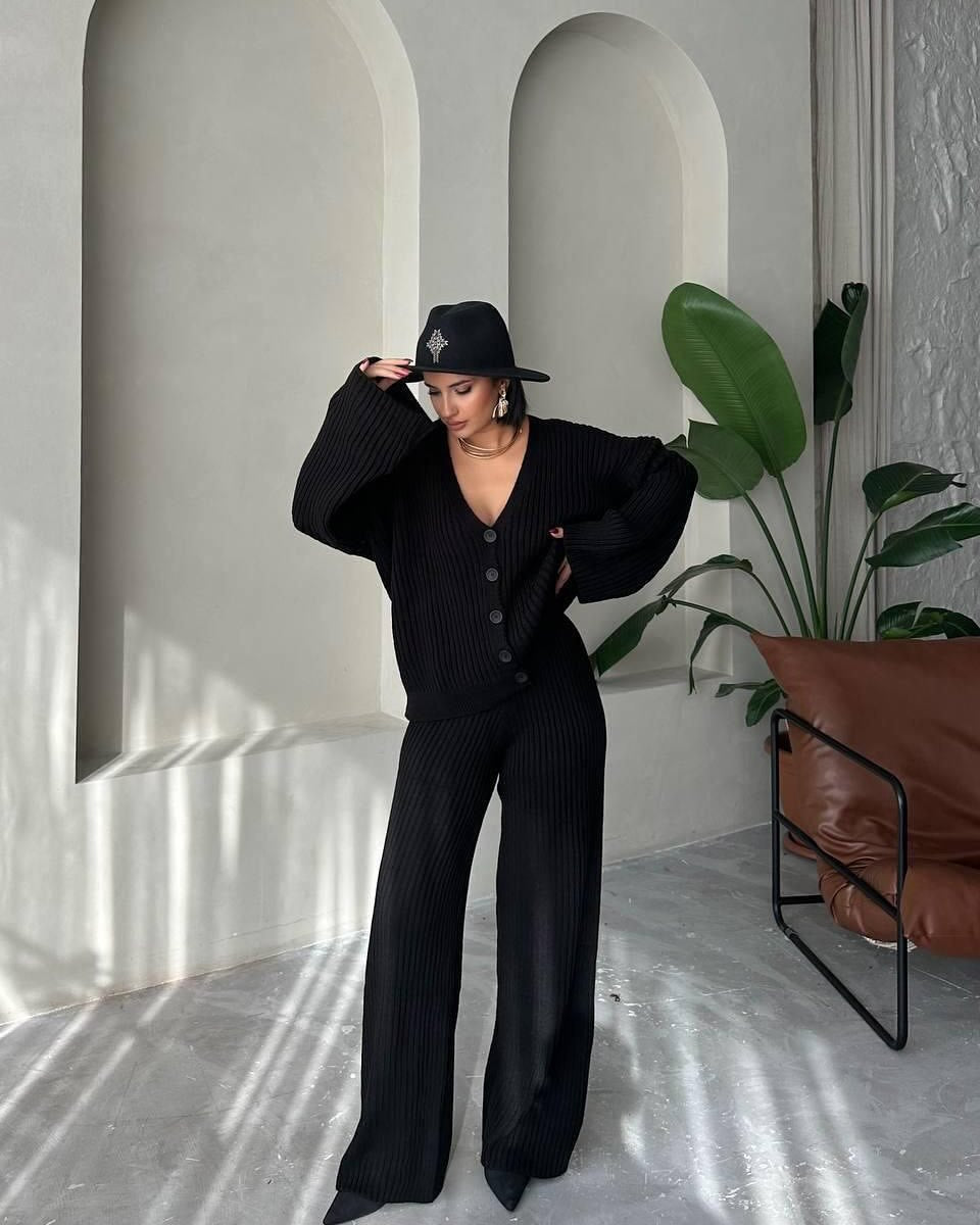 Damen Gerippter Strick‑Zweiteiler mit Oversized‑Cardigan und High‑Waist‑Sweathose EB